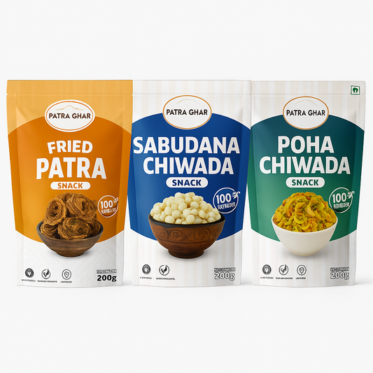 Maharashtrian-Gujarati Snack Combo – Poha Chiwda, Sabudana Chiwda & Fried Patra